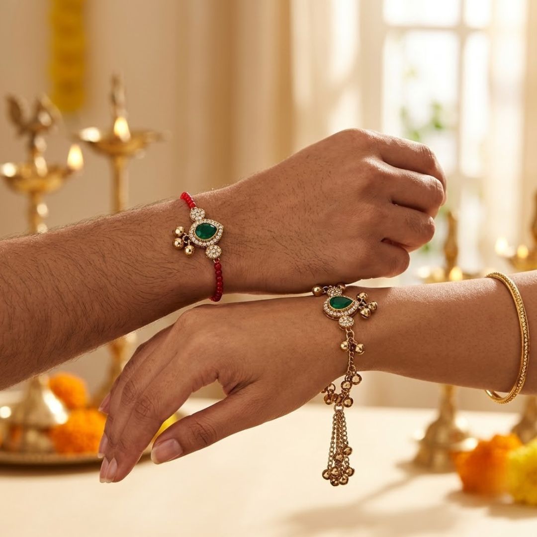 Royal Kashmiri Ghungroo Bhaiya Bhabhi Lumba Rakhi With Roli Chawal & Rakshabandhan Card