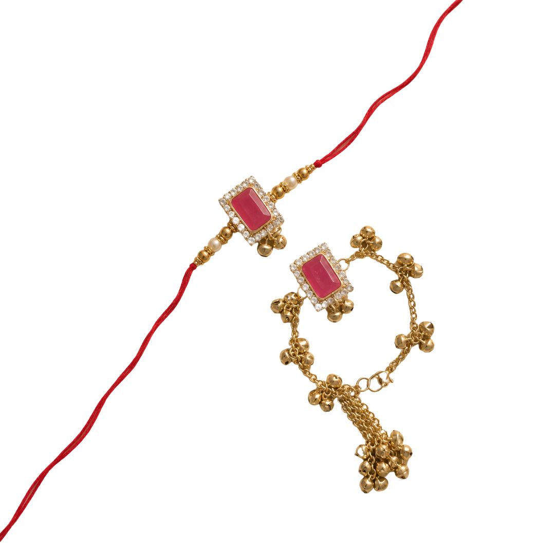 Designer Kashmiri Ghungroo Bhaiya Bhabhi Emerald Lumba Rakhi with Roli Chawal & Rakshabandhan Card