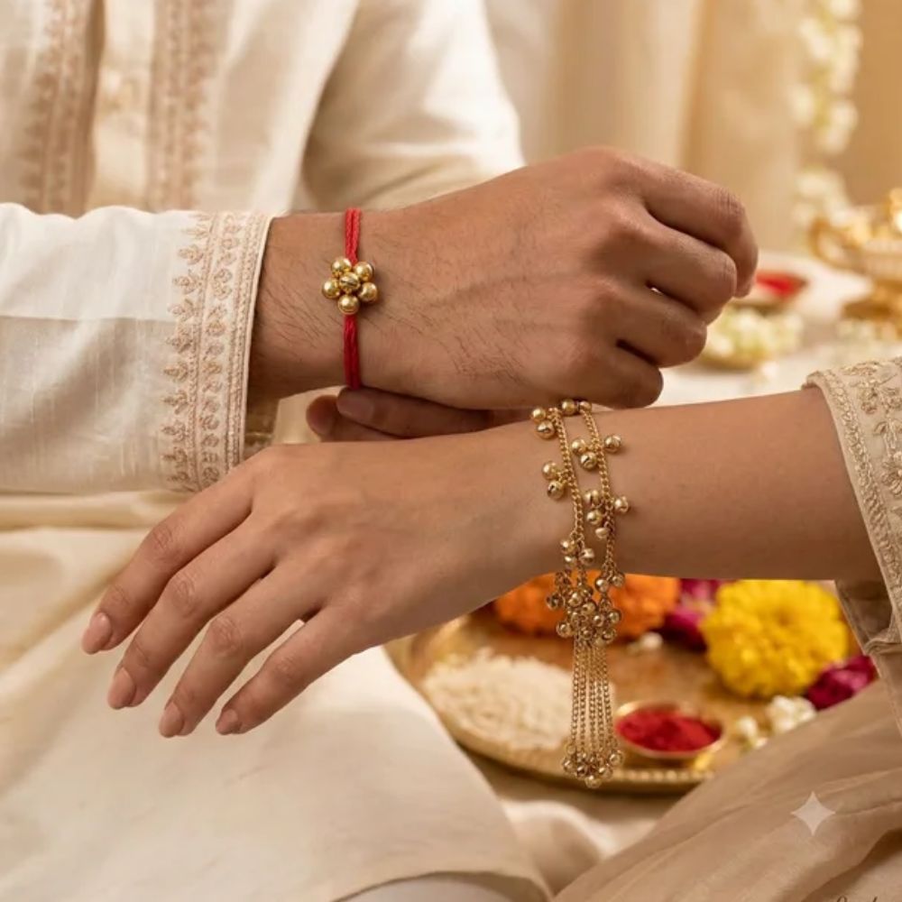 Minimal Kashmiri Ghungroo Bhaiya Bhabhi Lumba Rakhi With Roli Chawal & Rakshabandhan Card