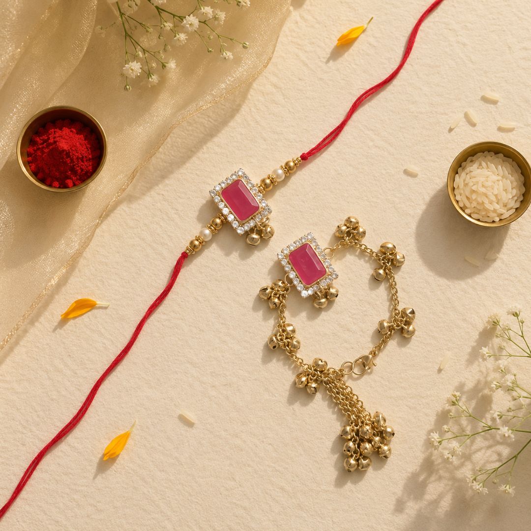 Designer Kashmiri Ghungroo Bhaiya Bhabhi Emerald Lumba Rakhi with Roli Chawal & Rakshabandhan Card