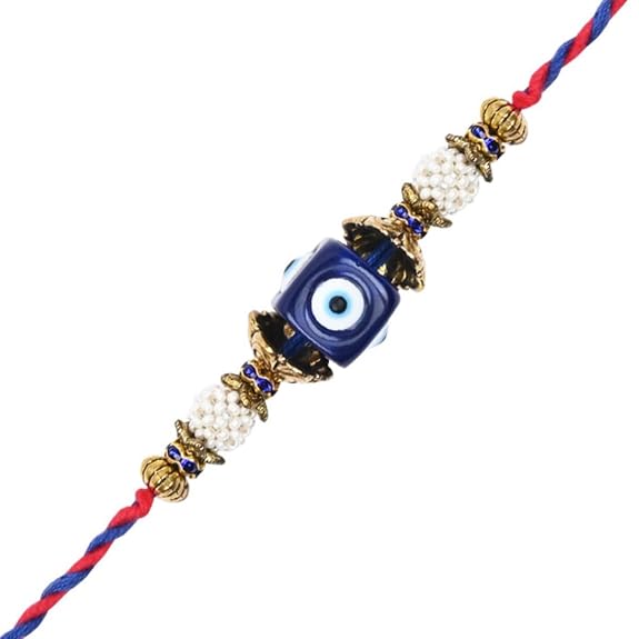 Evil Eye Pearl Beaded Rakhi with Roli Chawal & Raksha Bandhan Card