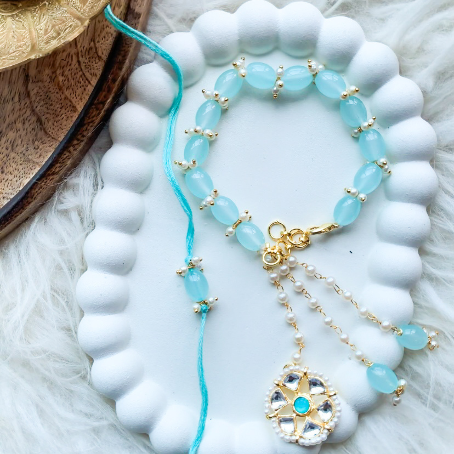 Turquoise Kundan Pearl Bhaiya Bhabhi Rakhi With Roli Chawal & Rakshabandhan Card