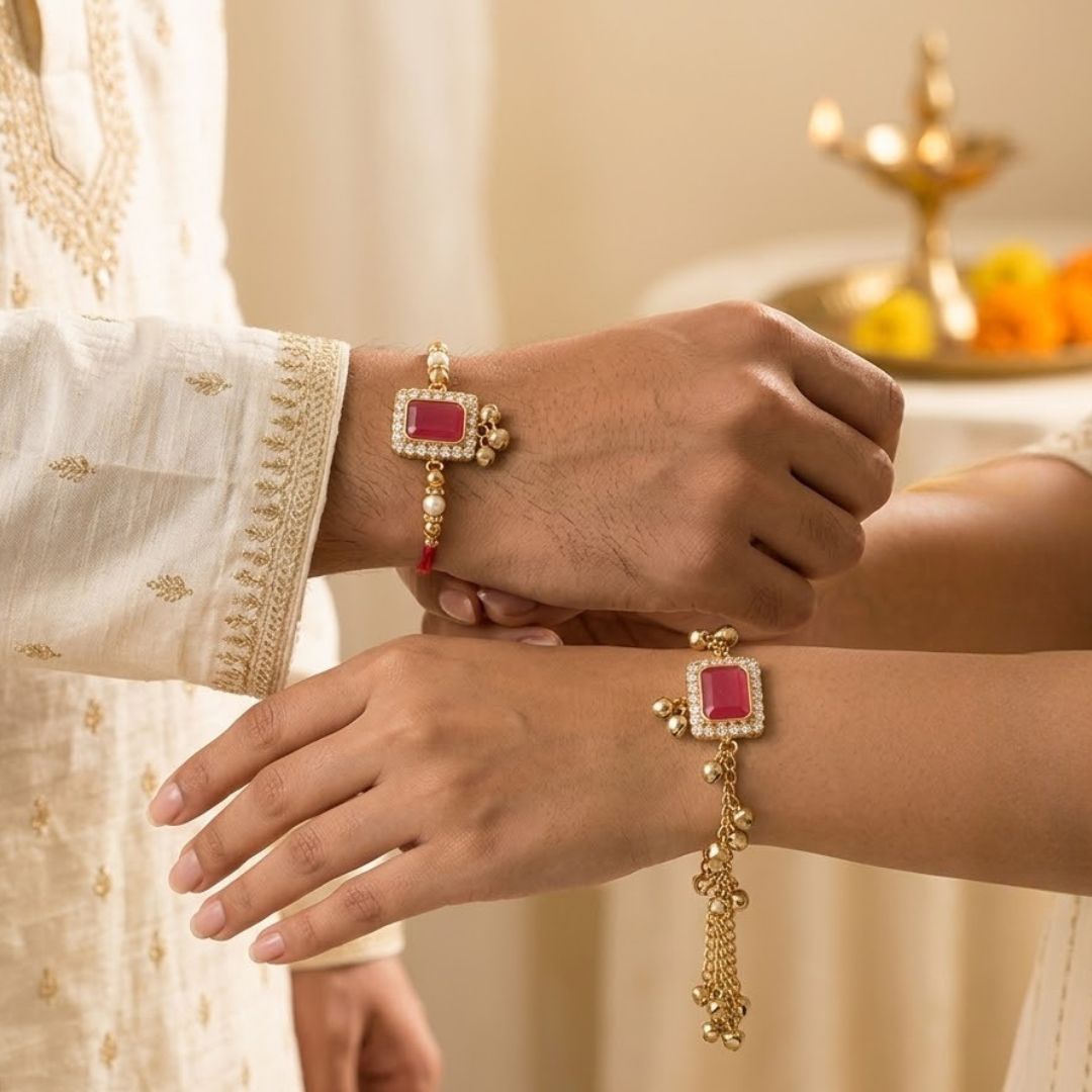 Designer Kashmiri Ghungroo Bhaiya Bhabhi Emerald Lumba Rakhi with Roli Chawal & Rakshabandhan Card