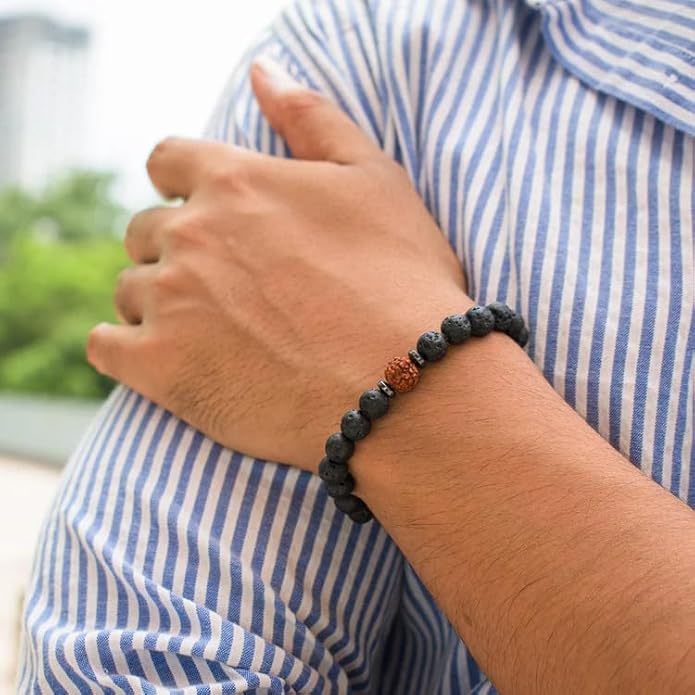 Unisex Spiritual Energy & Protection Bracelet - Rudraksha & Black Lava Stone