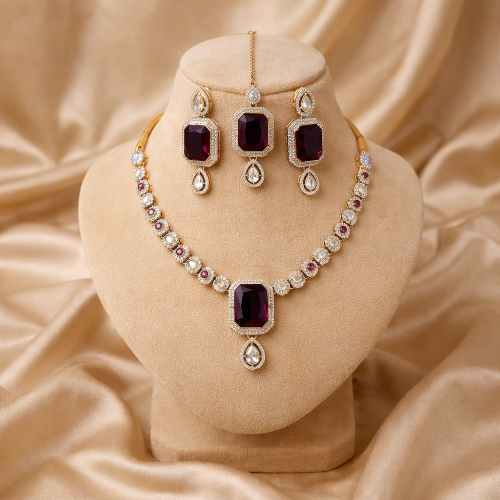 Dhriti- Royal maroon Red Polki Kundan Necklace Set with Polki Detailing, Matching Earrings & Maang Tikka