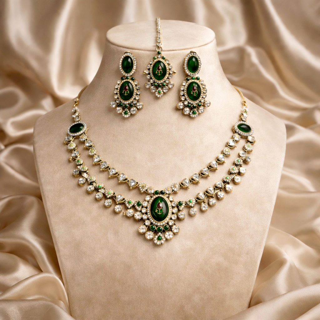 Ojasvi- Traditional Emerald Green Kundan Necklace Set with Matching Earrings & Maang Tikka
