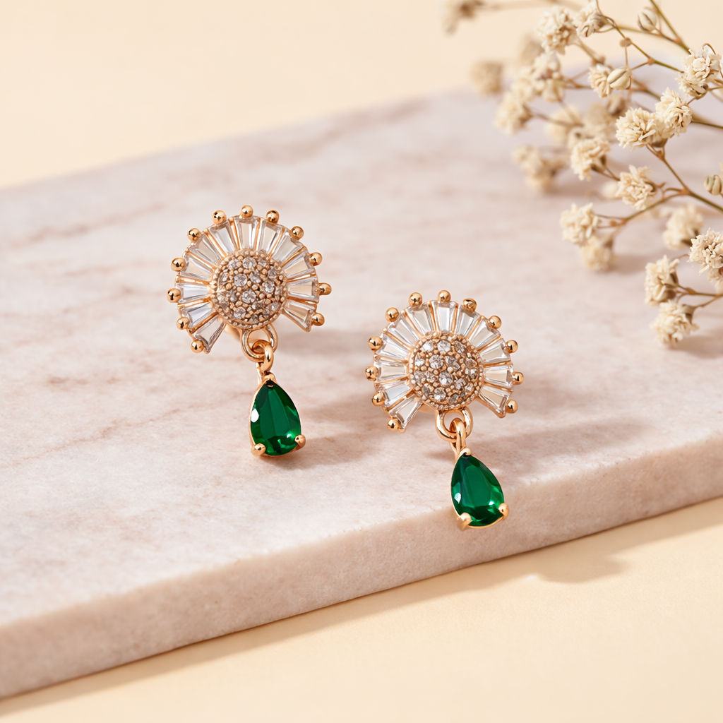 Marilyn- Green Teardrop Halo Stud Earrings in Rose Gold Finish