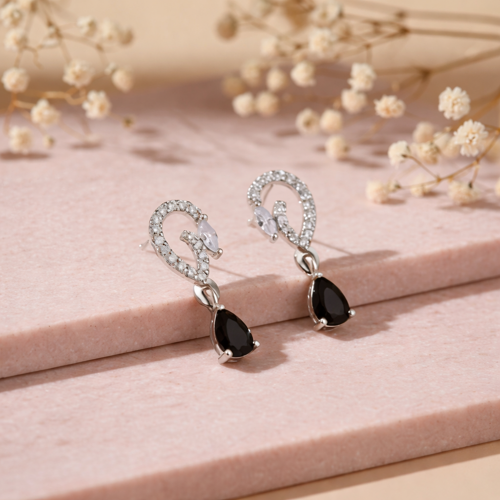 Aveline- Black Onyx Pear-Cut Drop Earrings with Diamond Swirl Accents