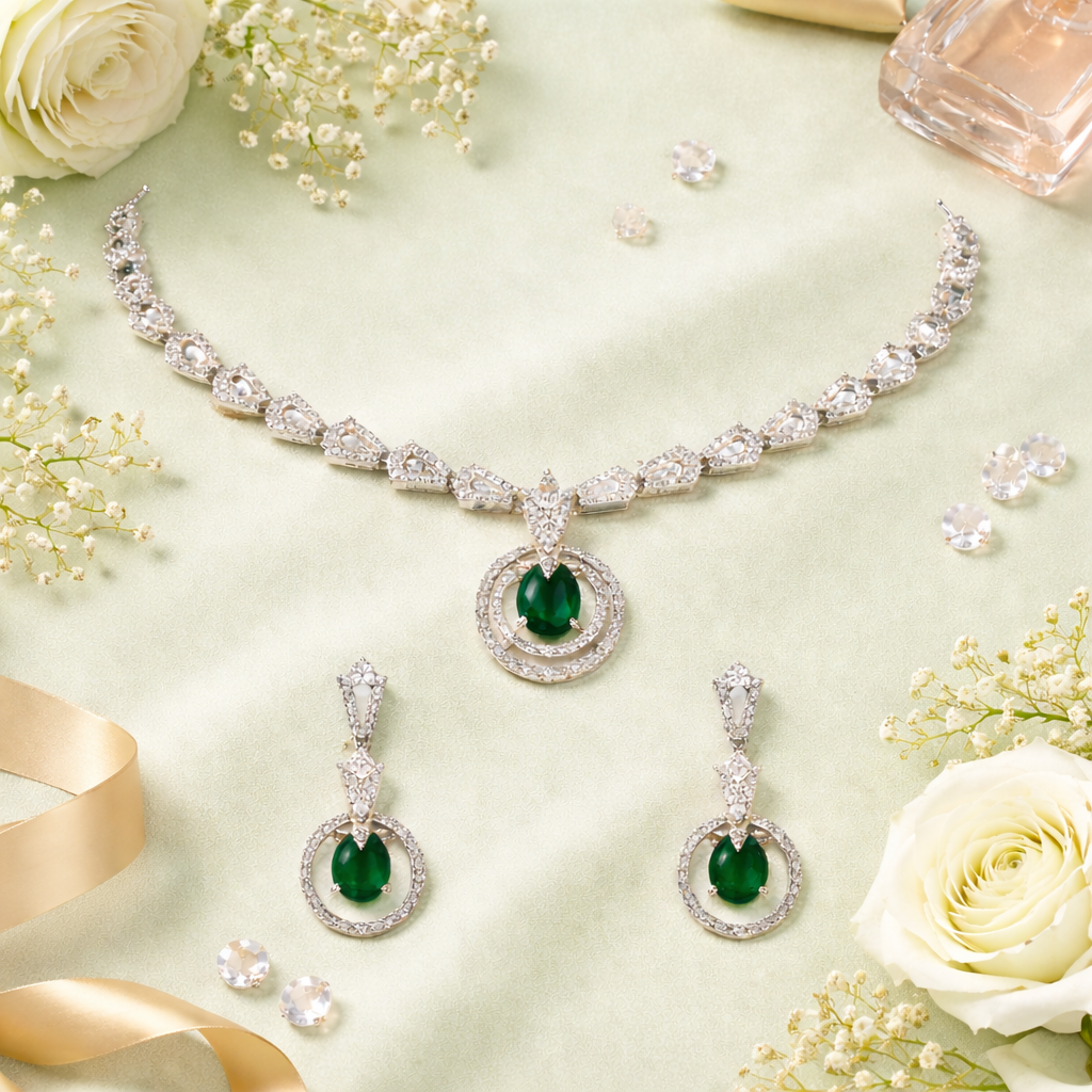 Aalisha - Silver Green Necklace Set