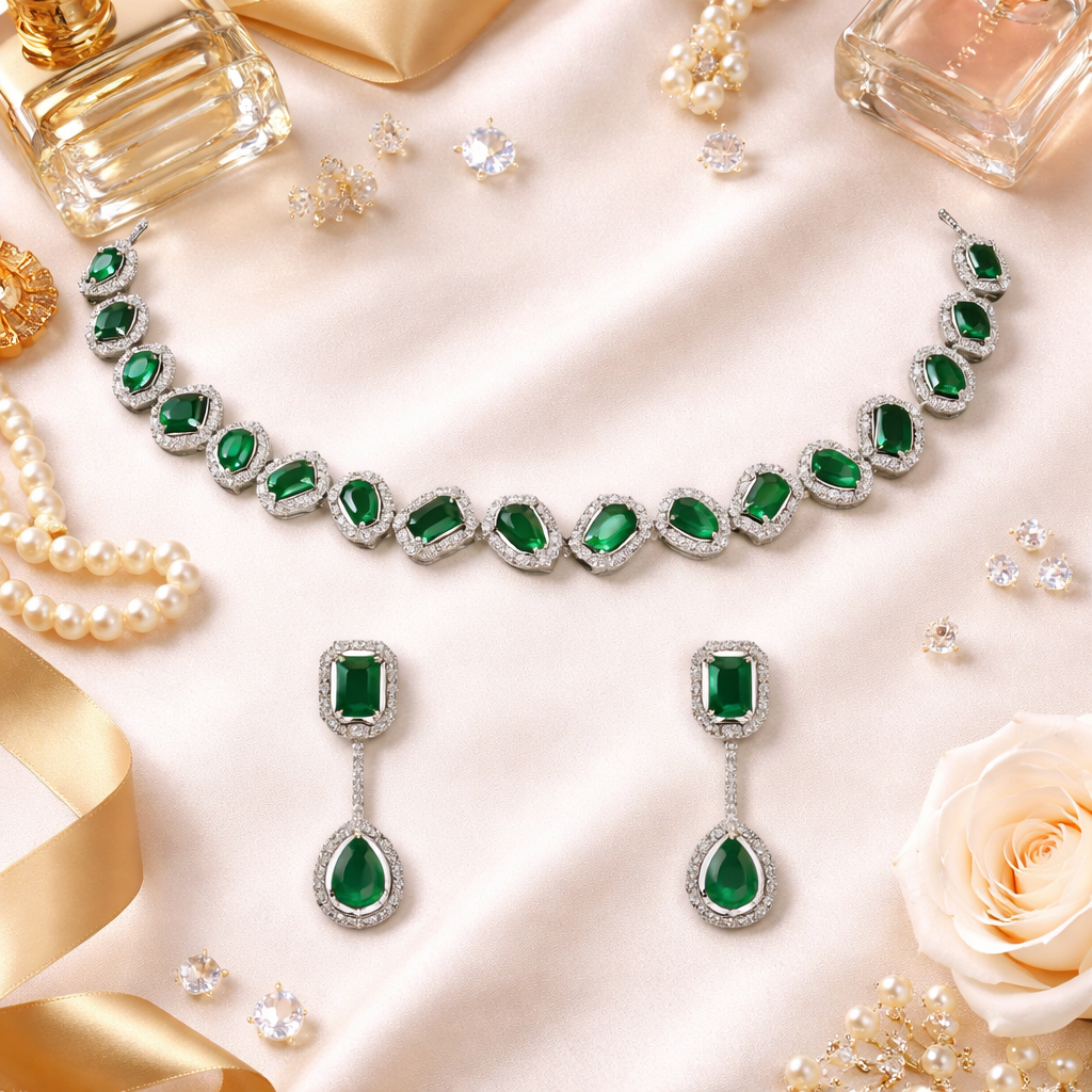 Aaesha - Silver Green Necklace Set