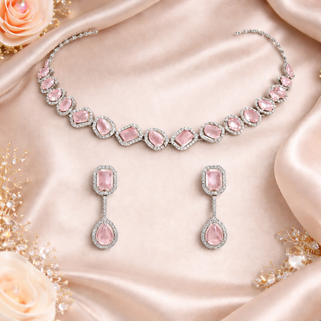 Aaesha - Silver Pink Necklace Set