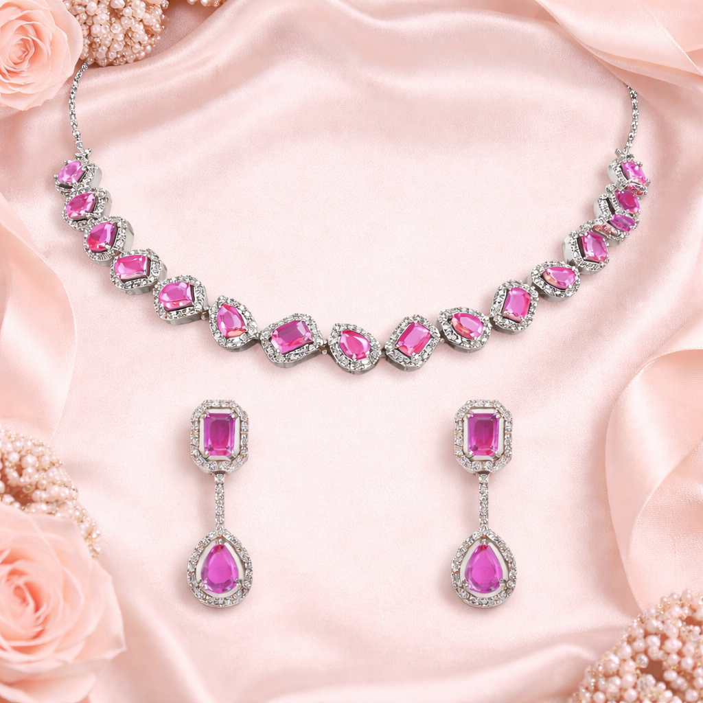 Aaesha - Silver Pink Necklace Set