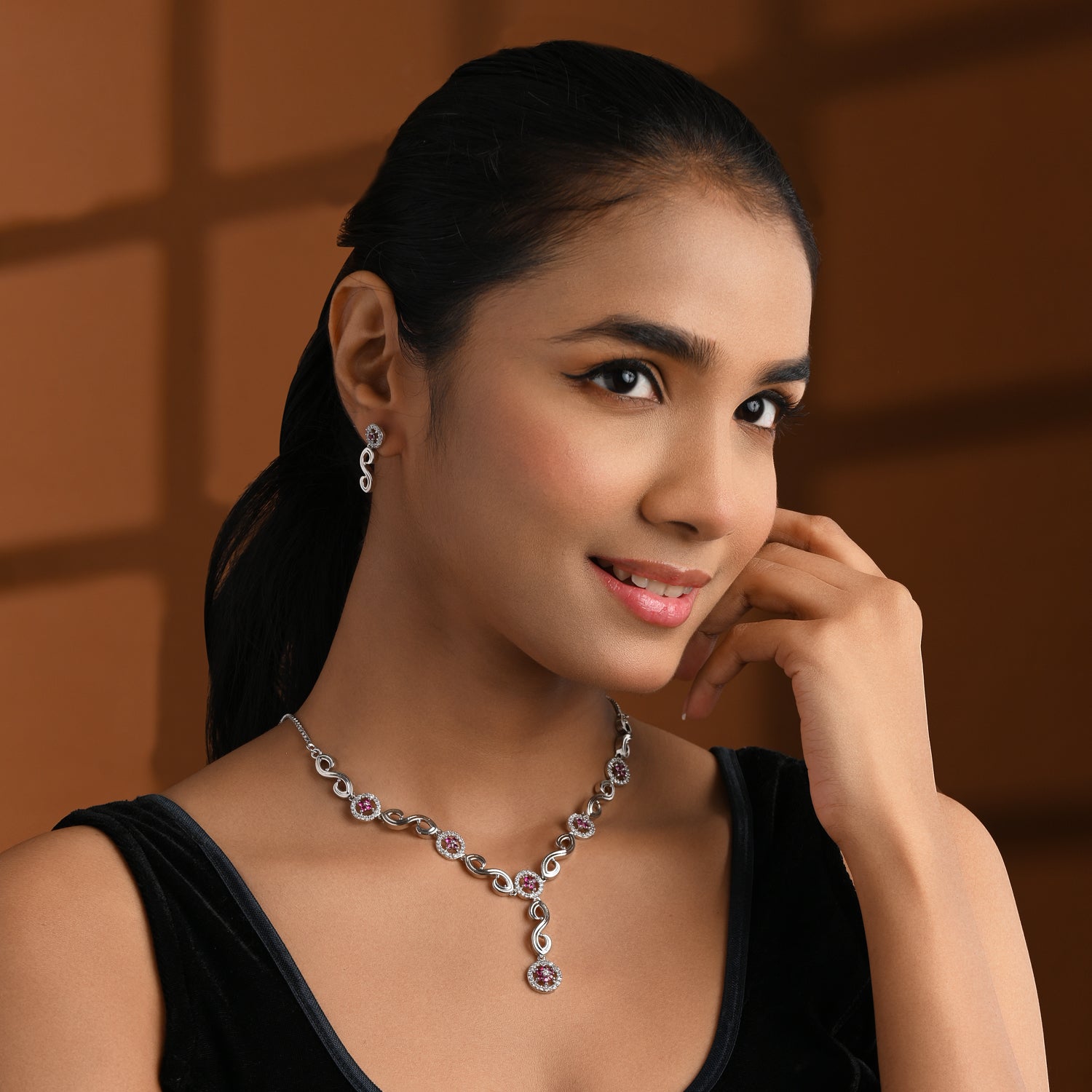 Aleena - Silver Pink Necklace Set