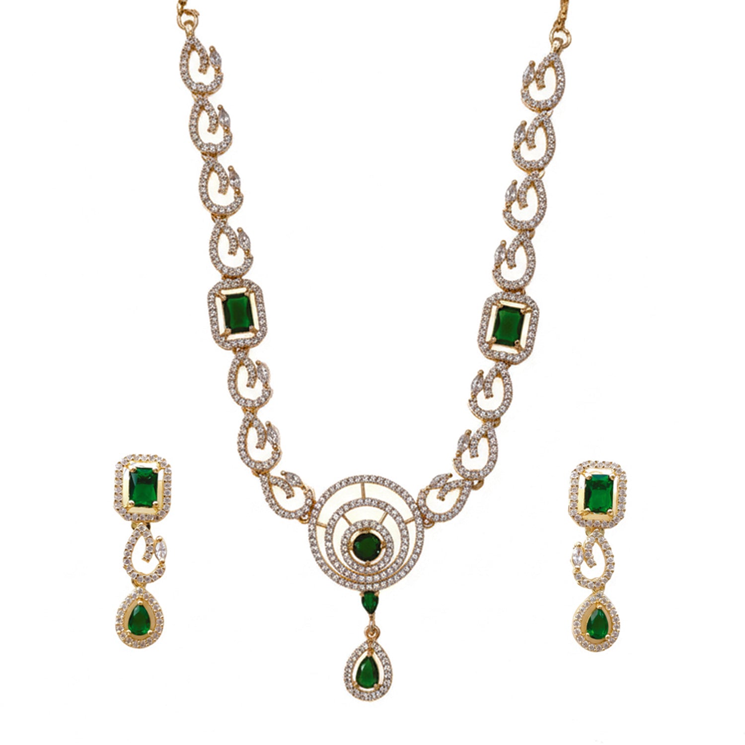 Millie- Emerald Elegance Gold Necklace Set with American Diamond-Style Detailing