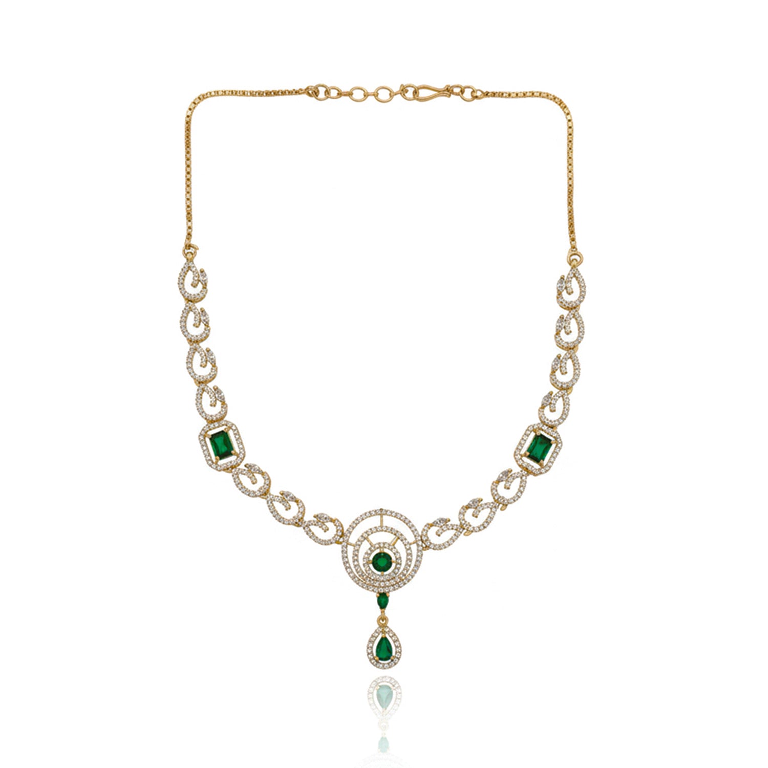 Millie- Emerald Elegance Gold Necklace Set with American Diamond-Style Detailing