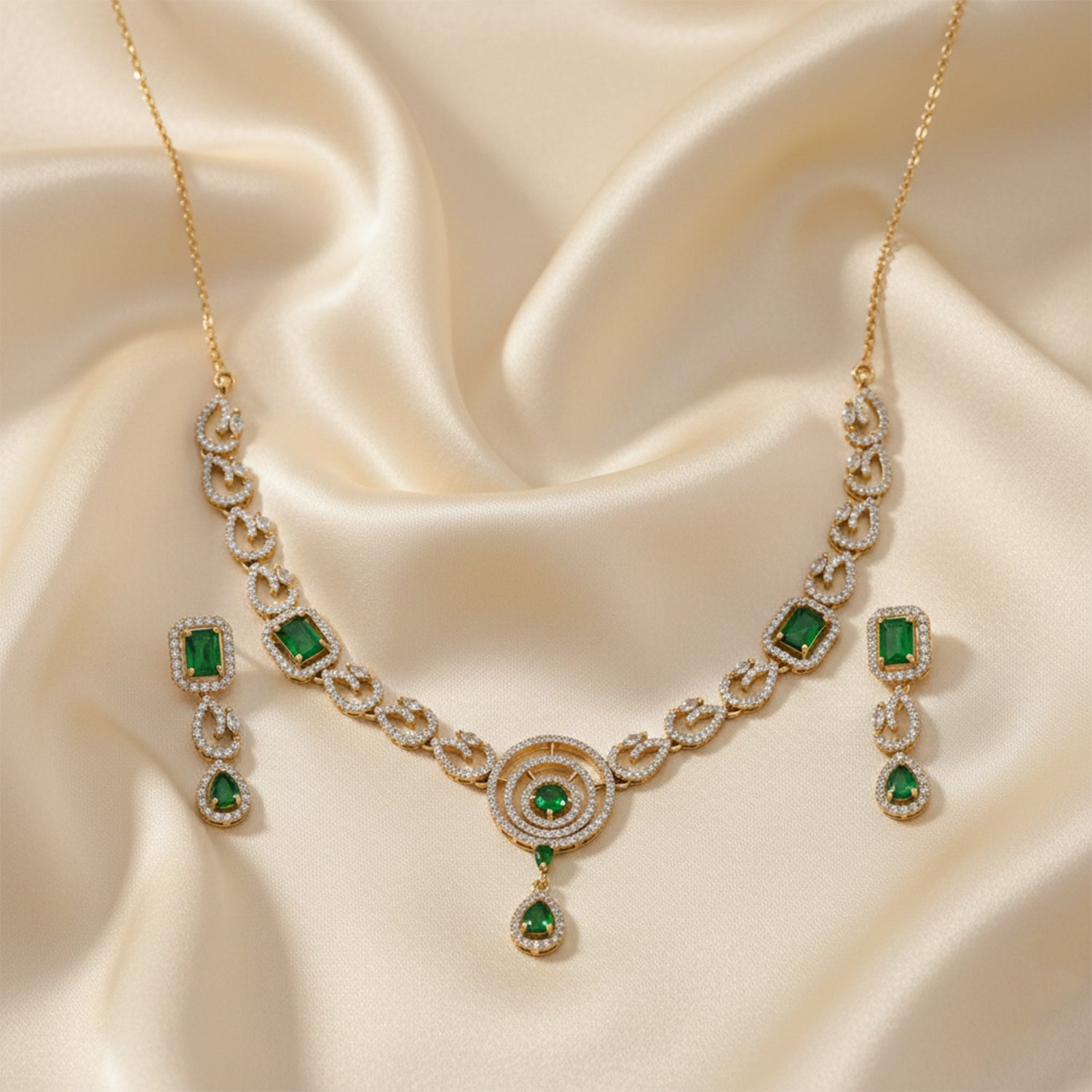 Millie- Emerald Elegance Gold Necklace Set with American Diamond-Style Detailing