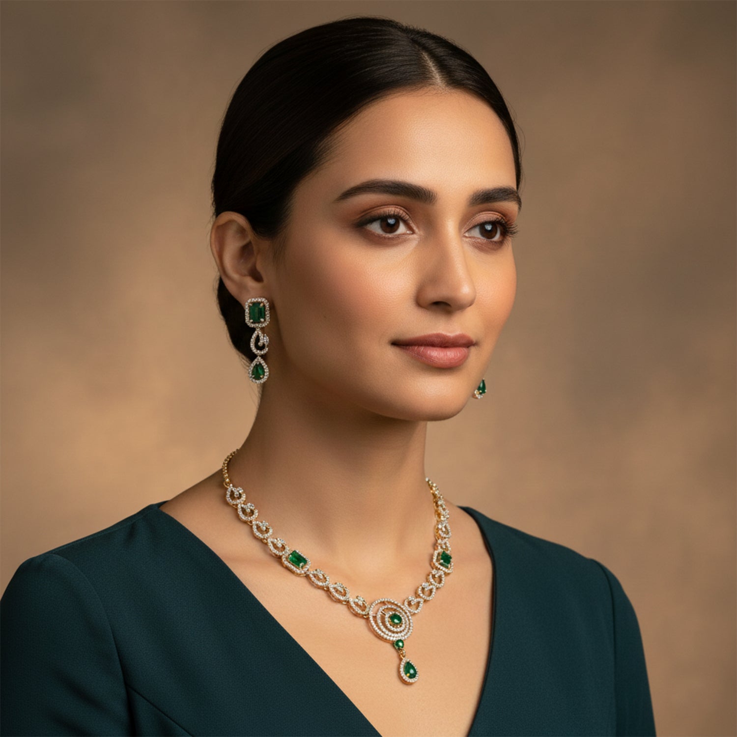 Millie- Emerald Elegance Gold Necklace Set with American Diamond-Style Detailing
