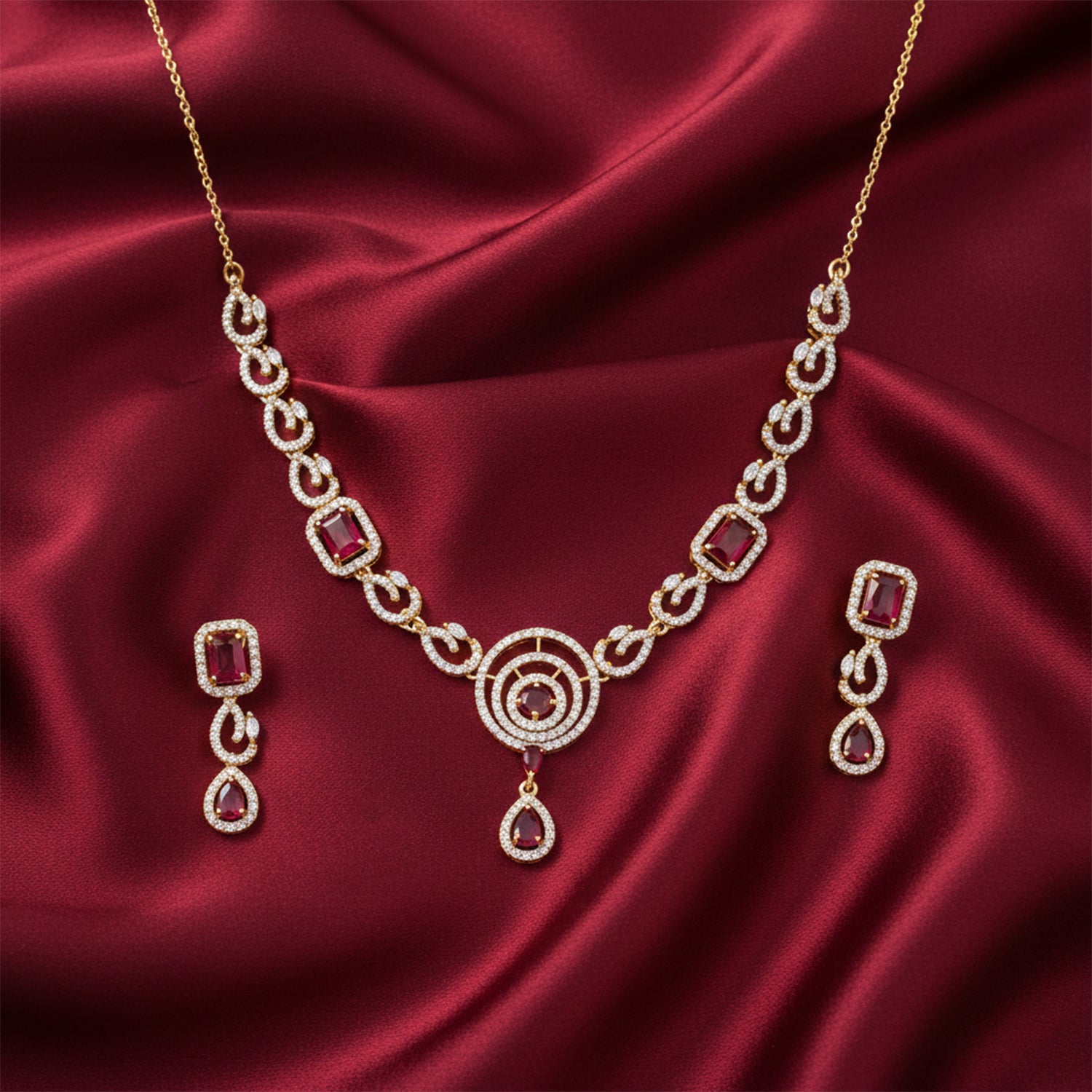 Millie- Ruby Necklace Set with American diamond Style detailing
