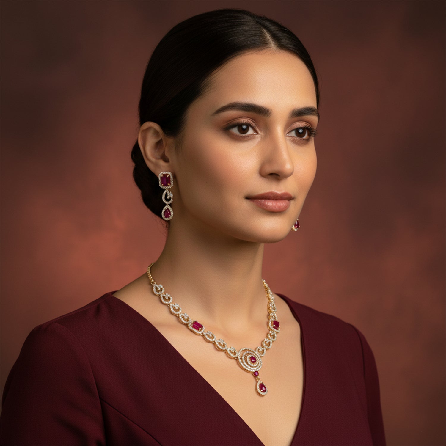 Millie- Ruby Necklace Set with American diamond Style detailing