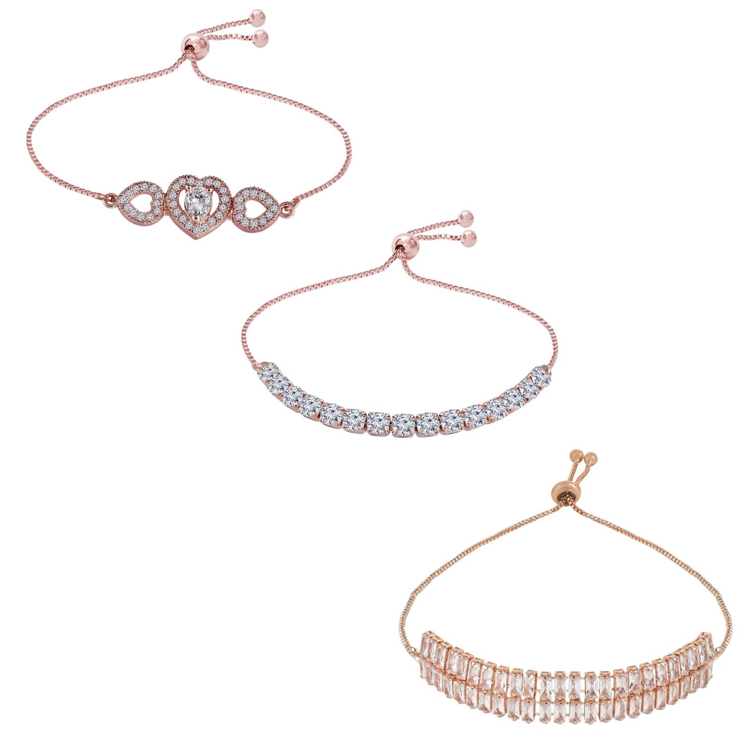 (Pack of 3) Rose Gold Cubic Zirconia Adjustable Bracelet