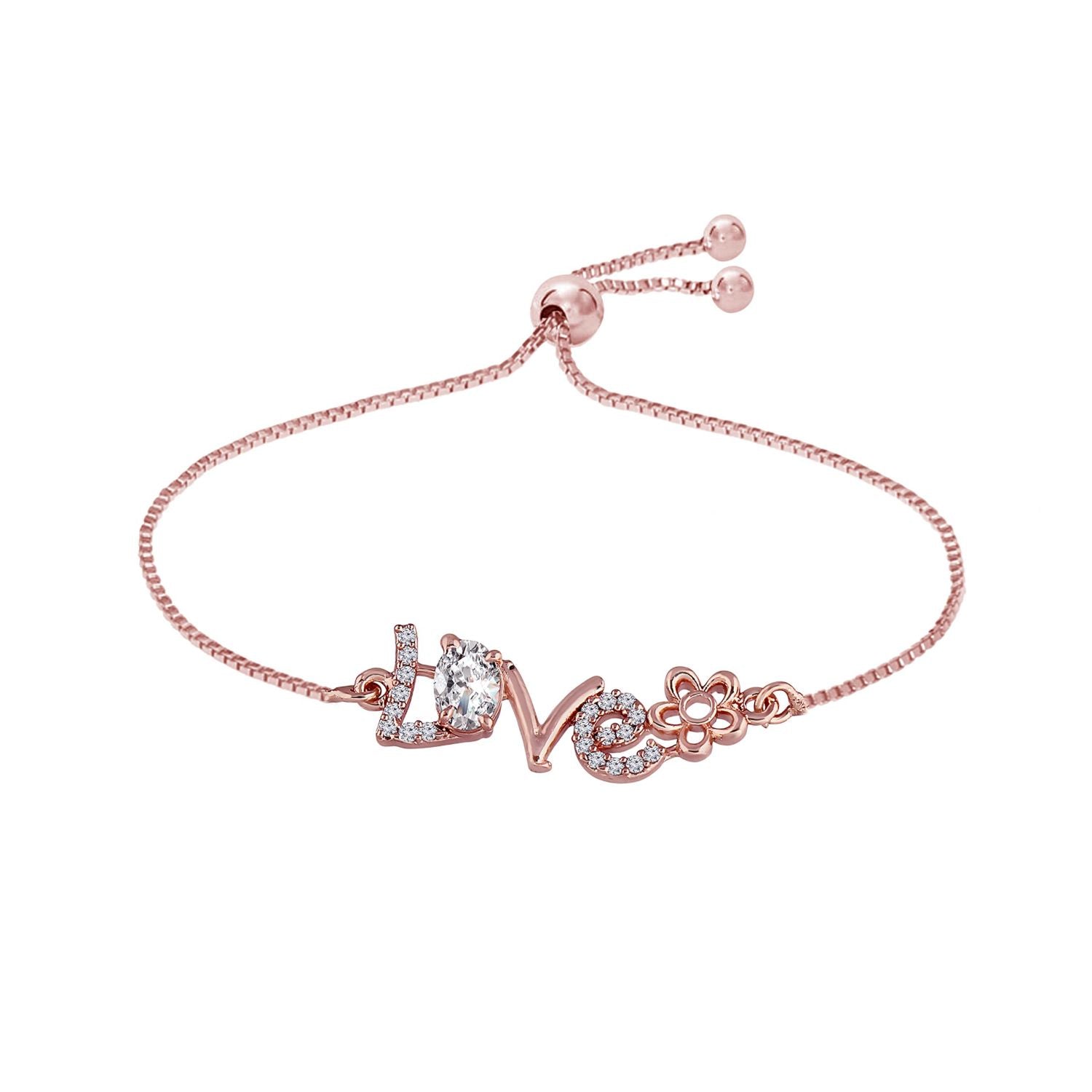 Rose Gold Cubic Zirconia Studs, Pendant Set & Adjustable Bracelet