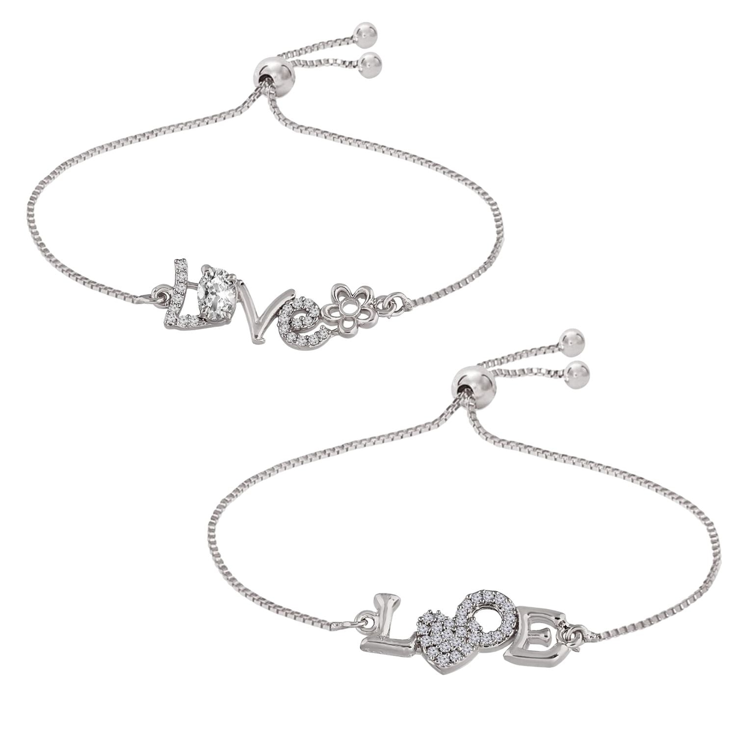 (Pack of 2) Silver Plated Cubic Zirconia Adjustable Bracelet