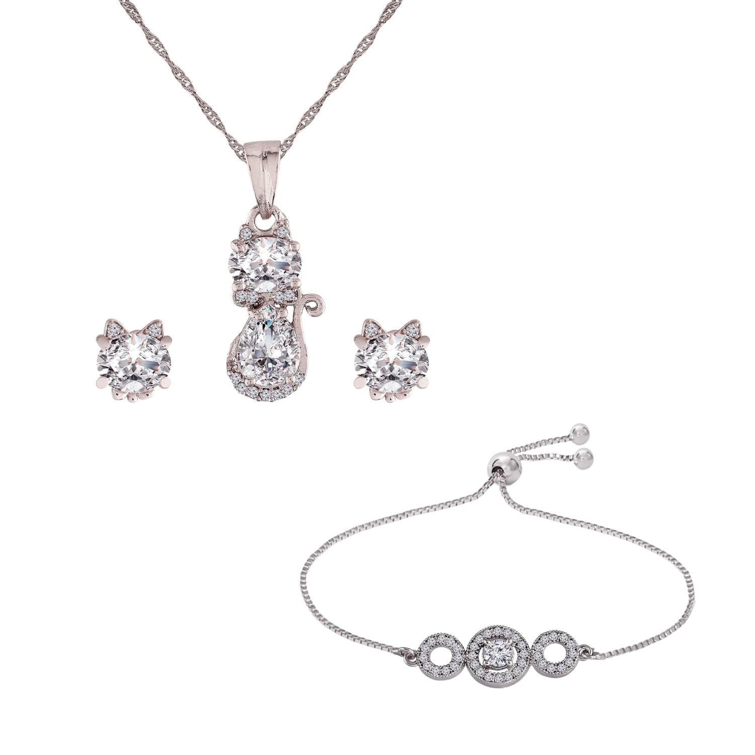 Silver Cubic Zirconia Pendant Set & Adjustable Bracelet