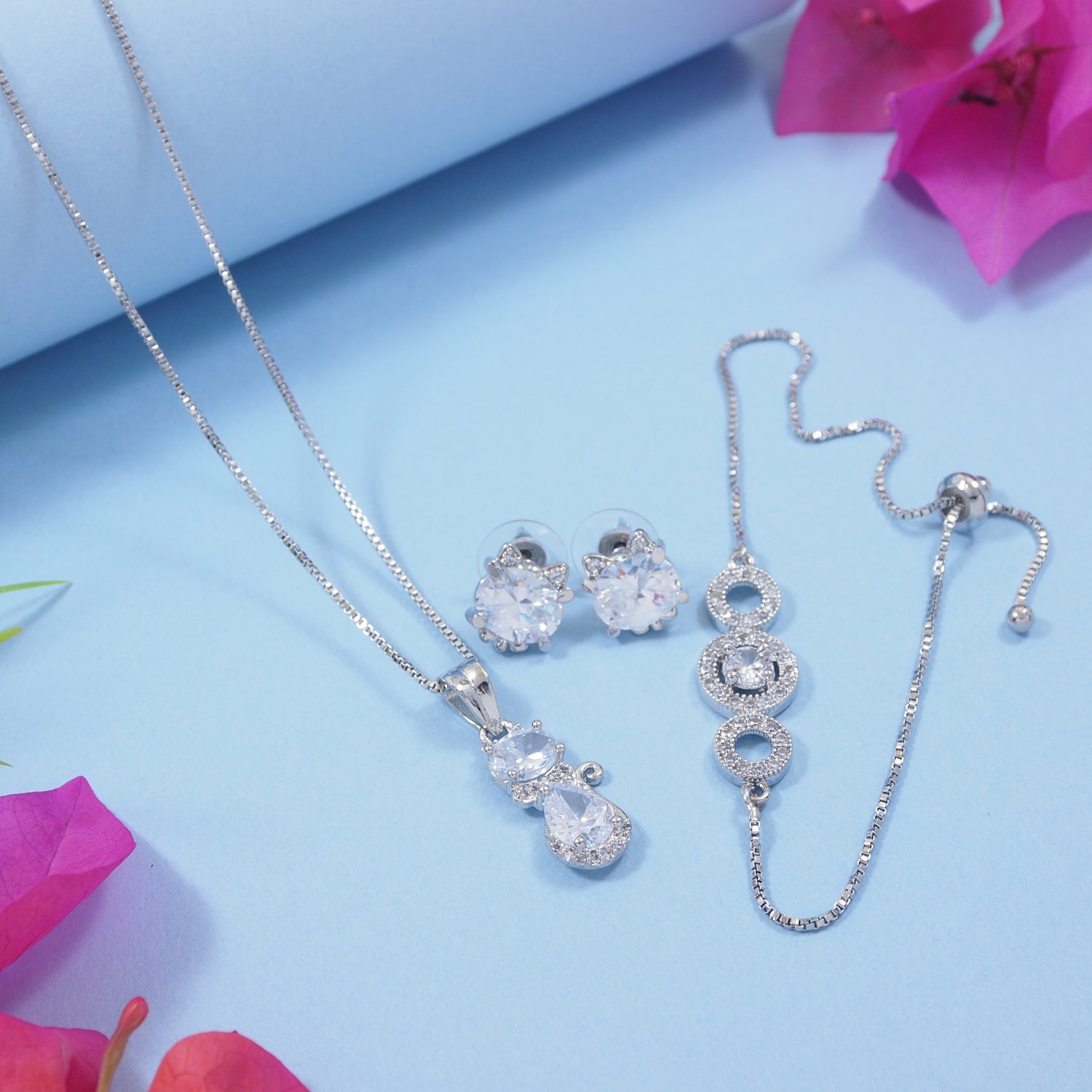 Silver Cubic Zirconia Pendant Set & Adjustable Bracelet