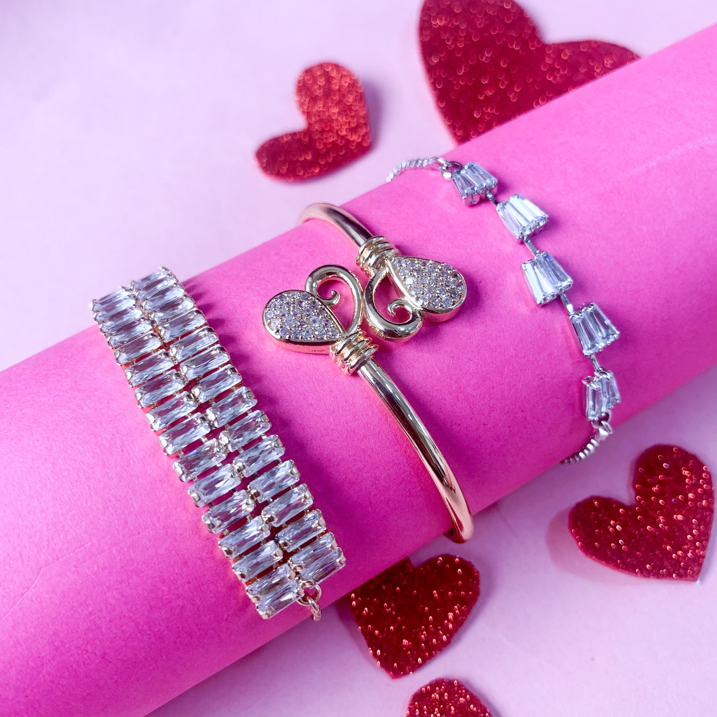 (Pack of 3) Silver & Rose Gold Cubic Zirconia Adjustable Bracelet