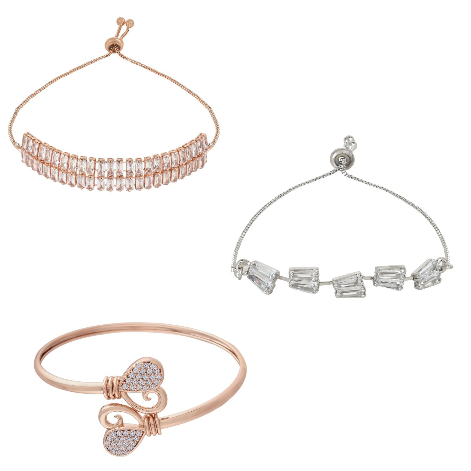 (Pack of 3) Silver & Rose Gold Cubic Zirconia Adjustable Bracelet