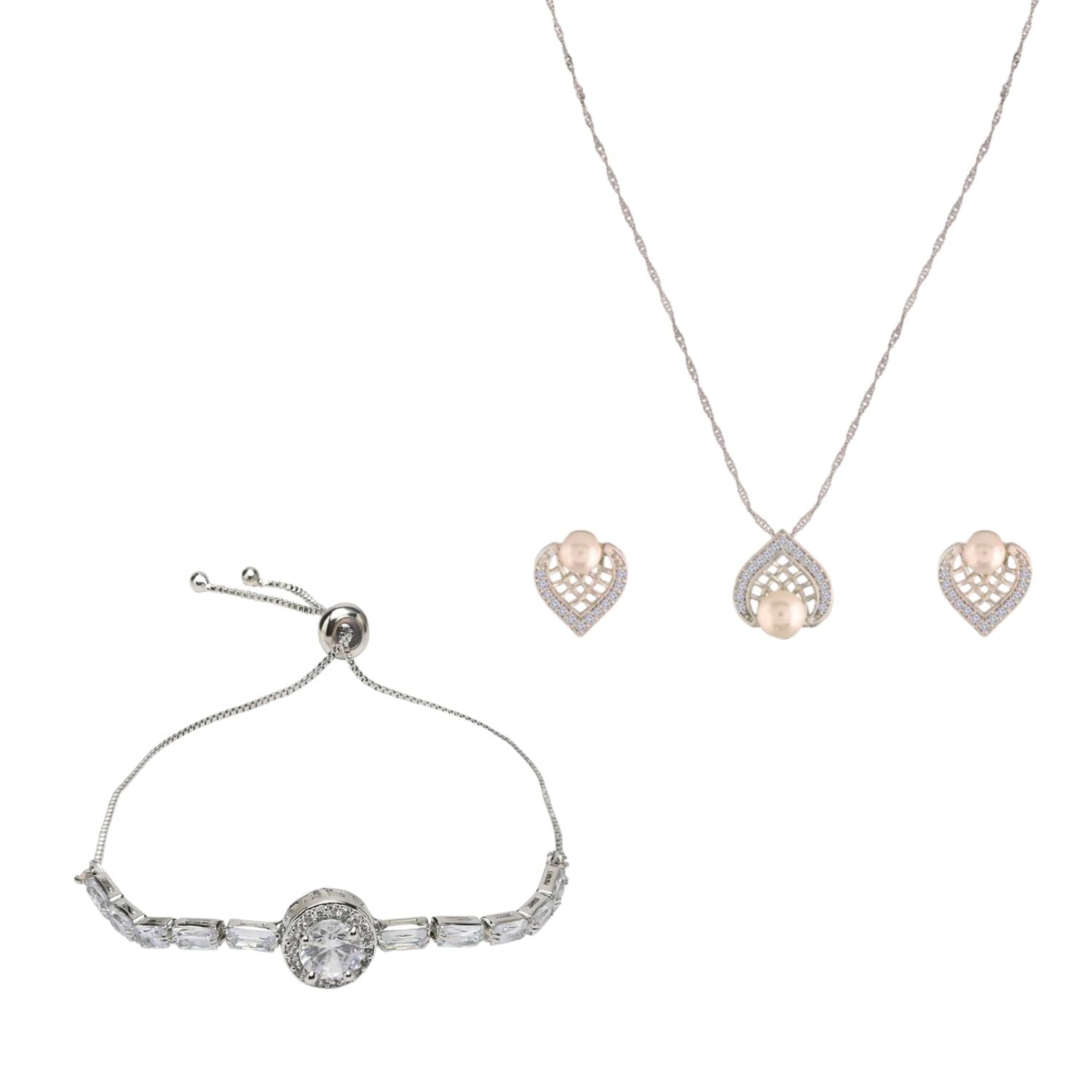 Silver Cubic Zirconia Pendant Set & Adjustable Bracelet