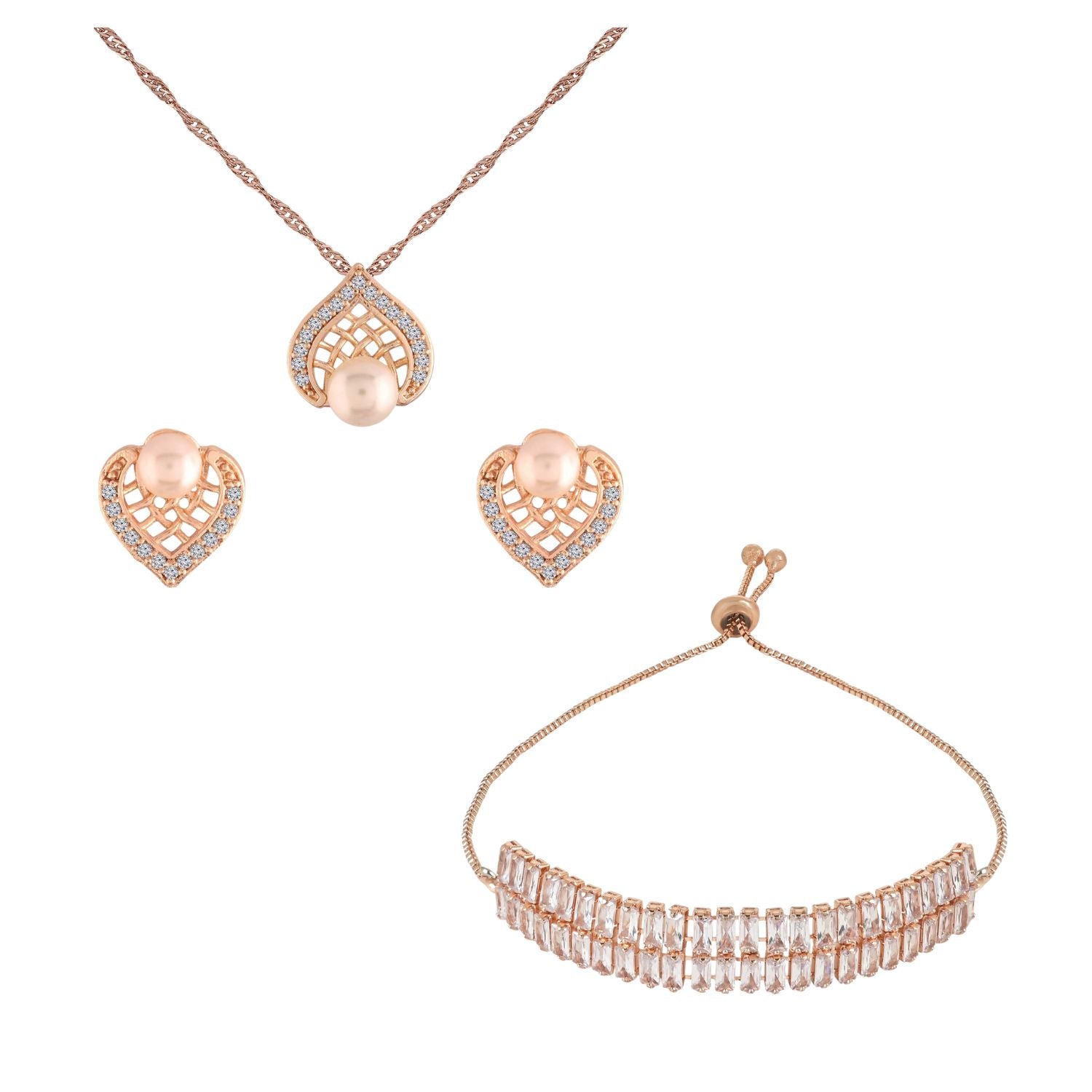 Rose Gold Cubic Zirconia Pendant Set & Adjustable Bracelet