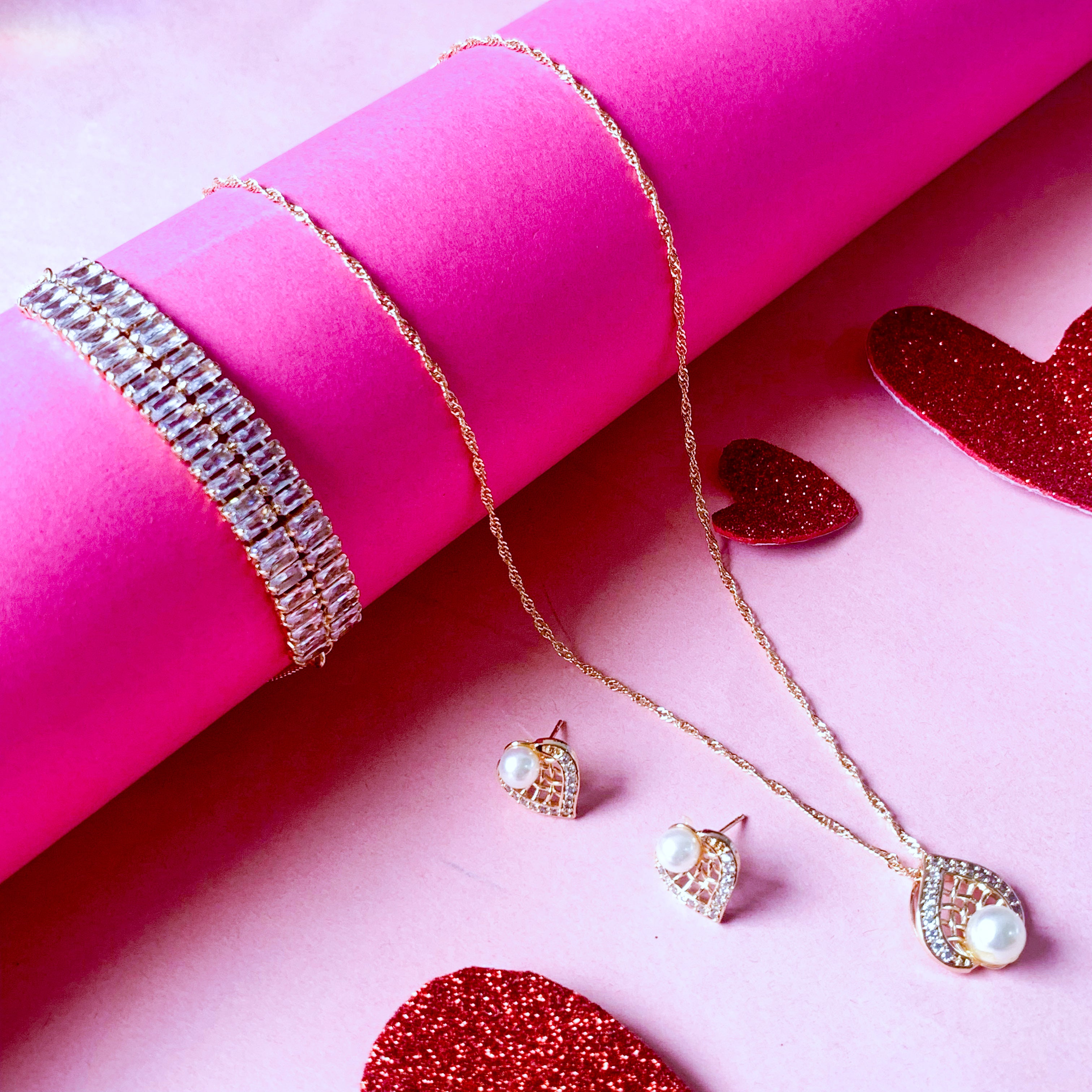 Rose Gold Cubic Zirconia Pendant Set & Adjustable Bracelet