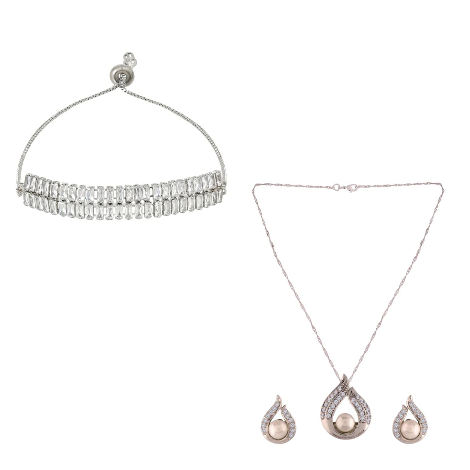 Silver Cubic Zirconia Pendant Set & Adjustable Bracelet