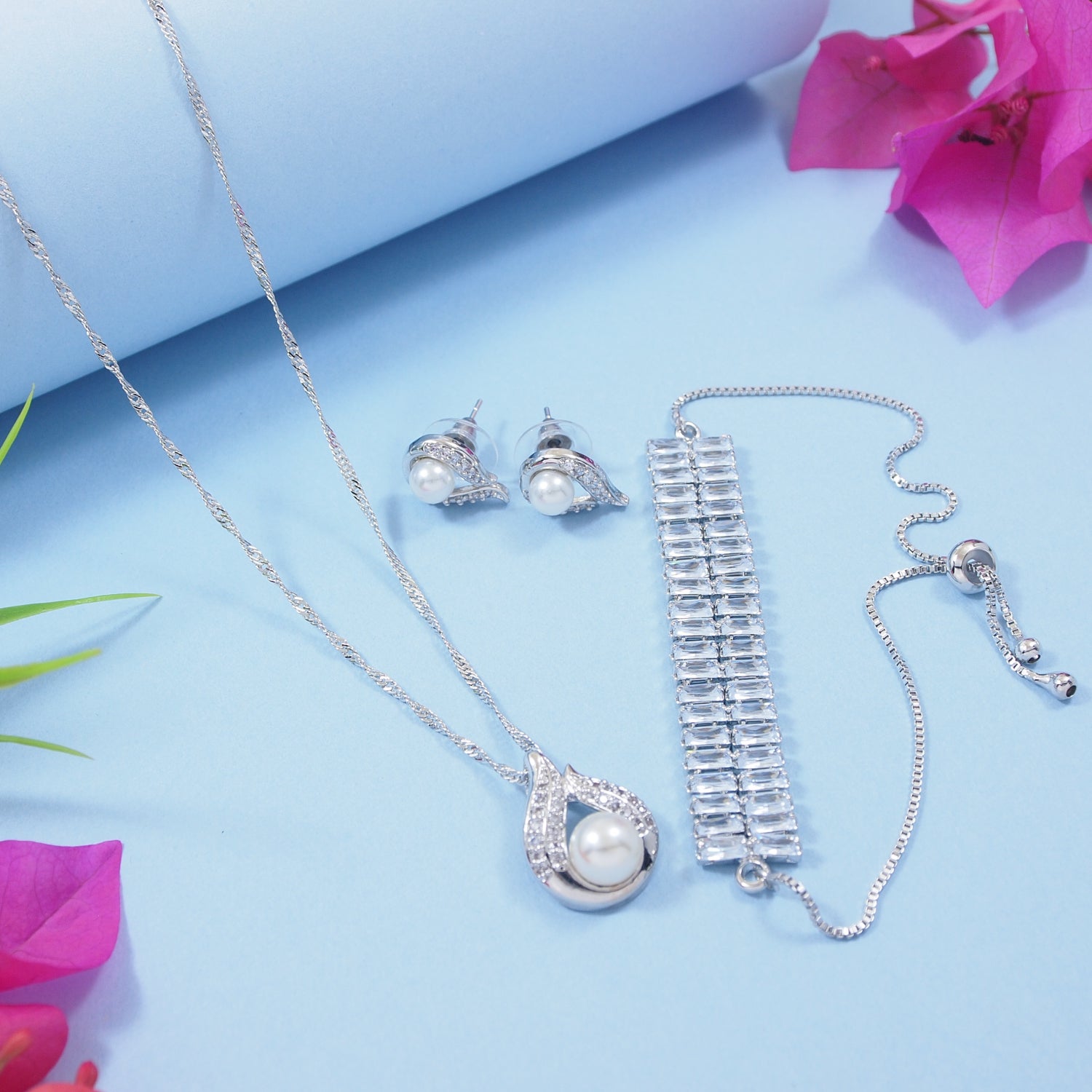 Silver Cubic Zirconia Pendant Set & Adjustable Bracelet