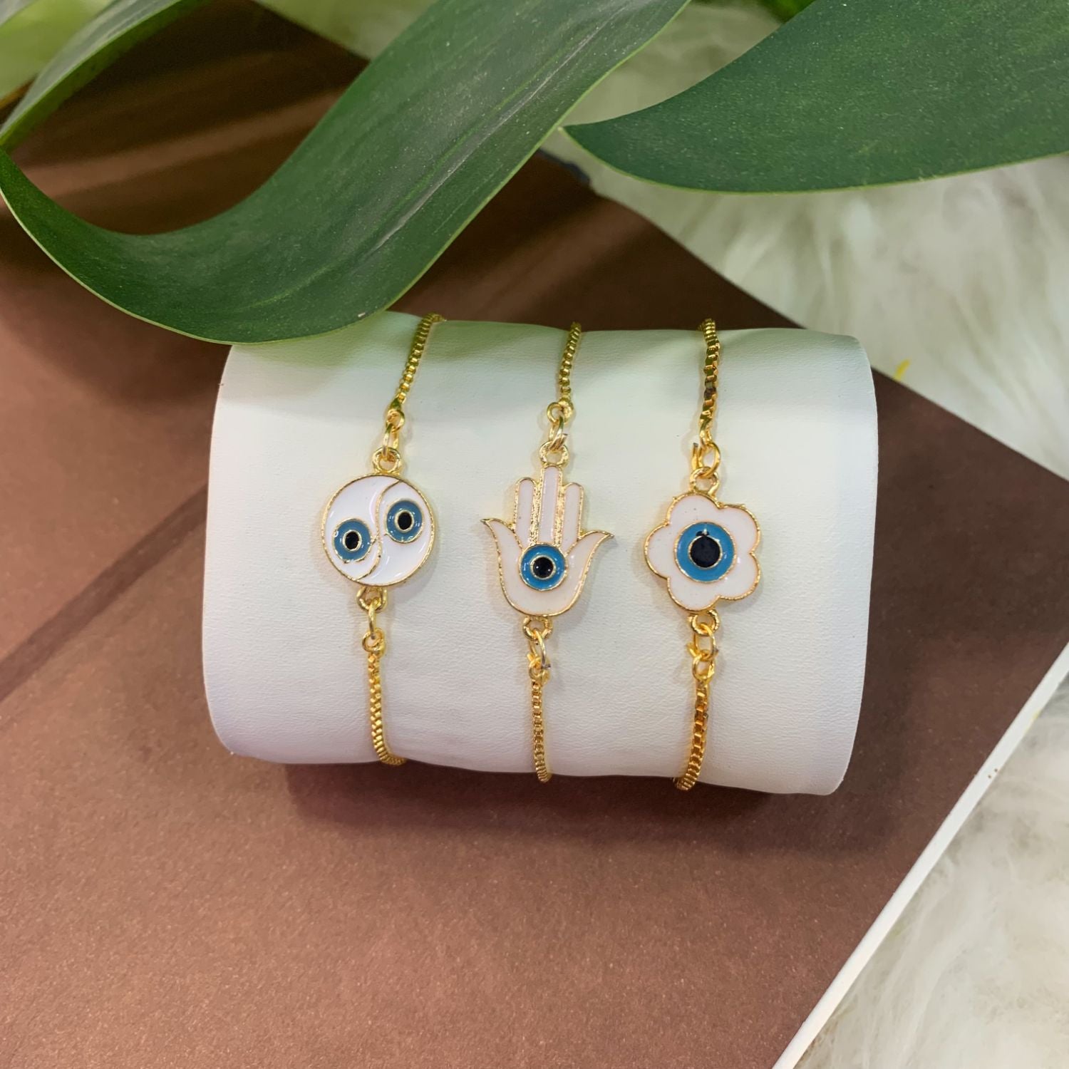 (Pack of 3) Round, Floral & Hamsa Shape Enamel Bracelet