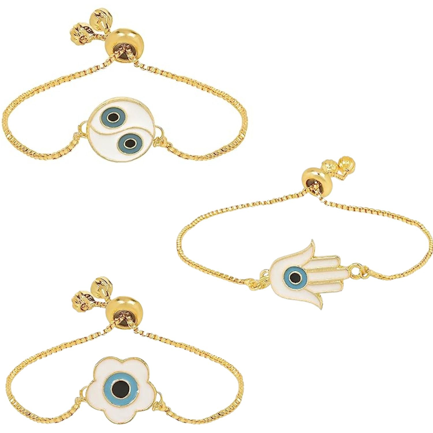 (Pack of 3) Round, Floral & Hamsa Shape Enamel Bracelet