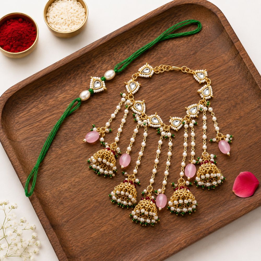 Pearl Beaded Bhaiya Bhabhi Lumba Rakhi with Roli Chawal & Rakshabandhan Card