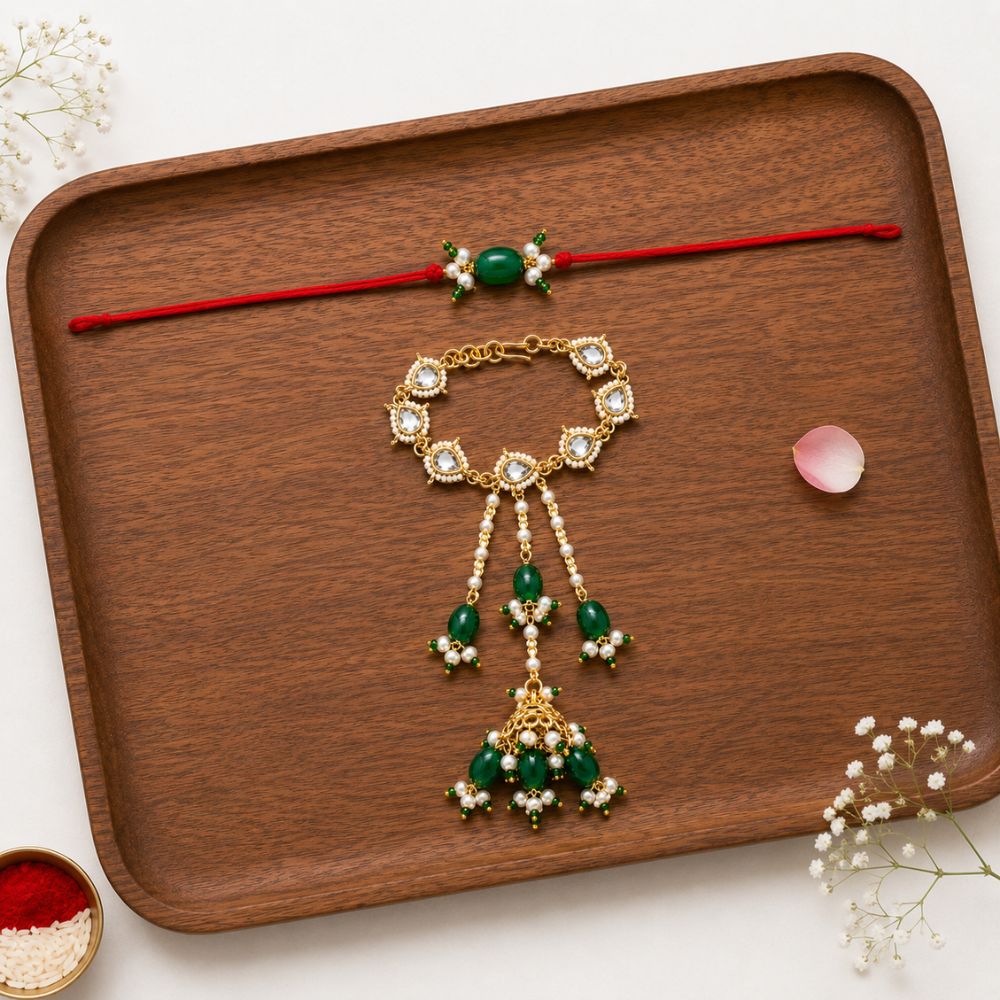 Elegant Pearl Beaded Bhaiya Bhabhi Lumba Rakhi with Roli Chawal & Rakshabandhan Card