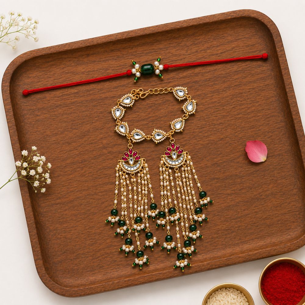 Beautiful Pearl Beaded Bhaiya Bhabhi Lumba Rakhi with Roli Chawal & Rakshabandhan Card