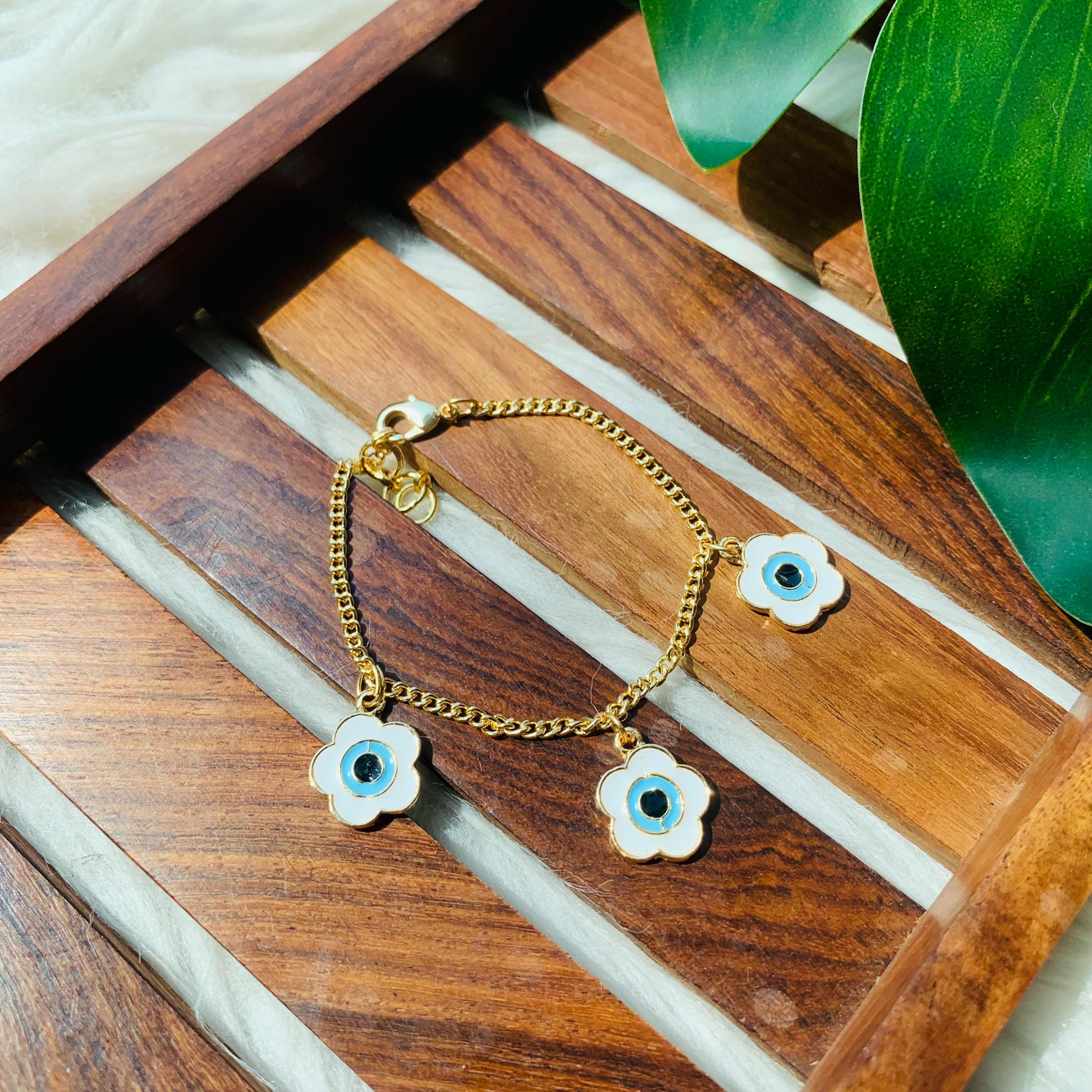 Evil Eye Triple Flower Charm Bracelet