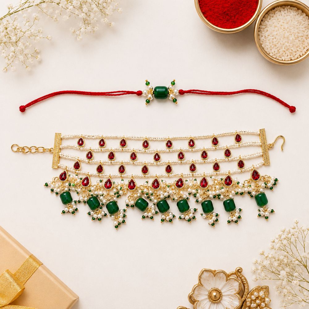 Pearl Beaded Bhaiya Bhabhi Hanging Lumba Rakhi with Roli Chawal & Rakshabandhan Card