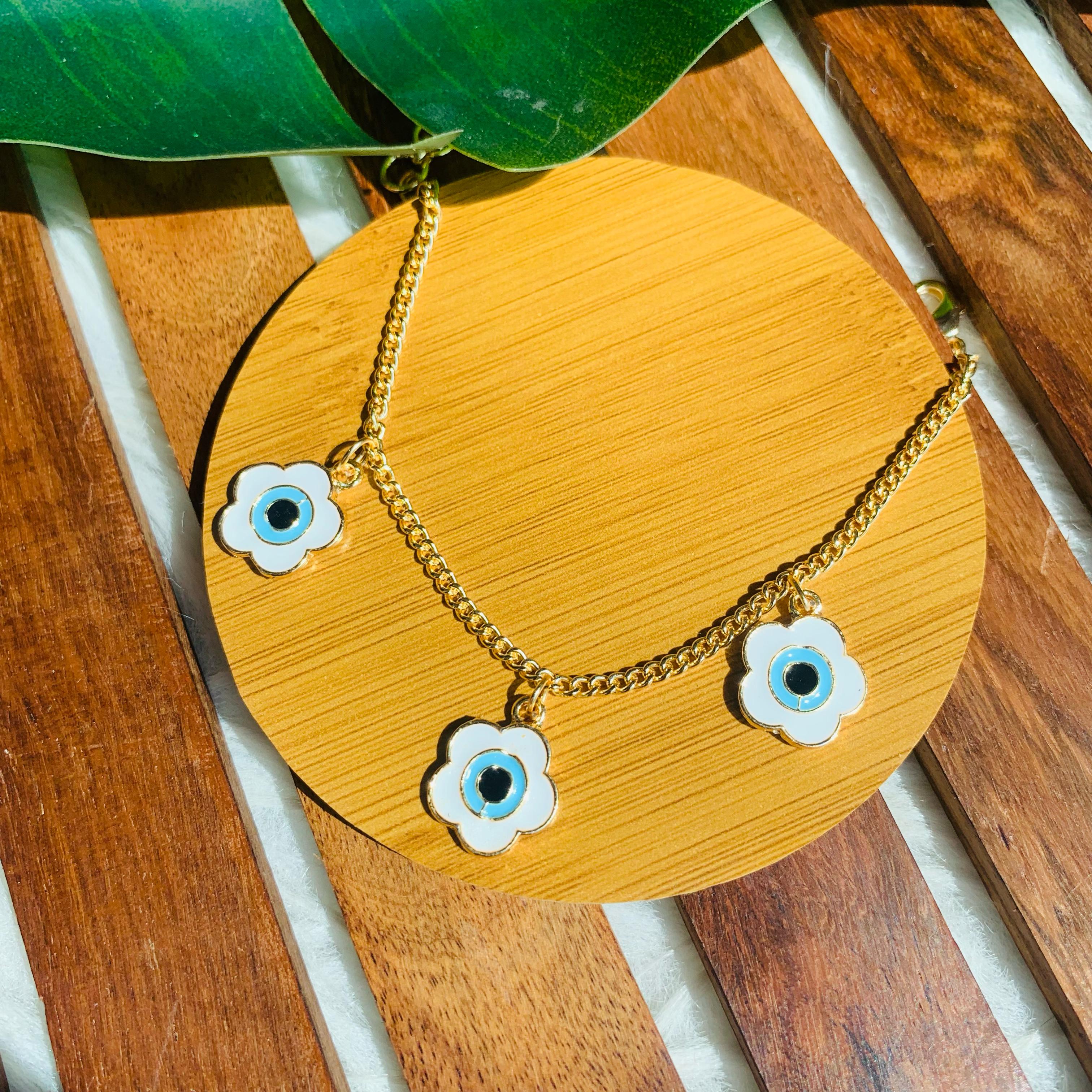 Evil Eye Triple Flower Charm Bracelet