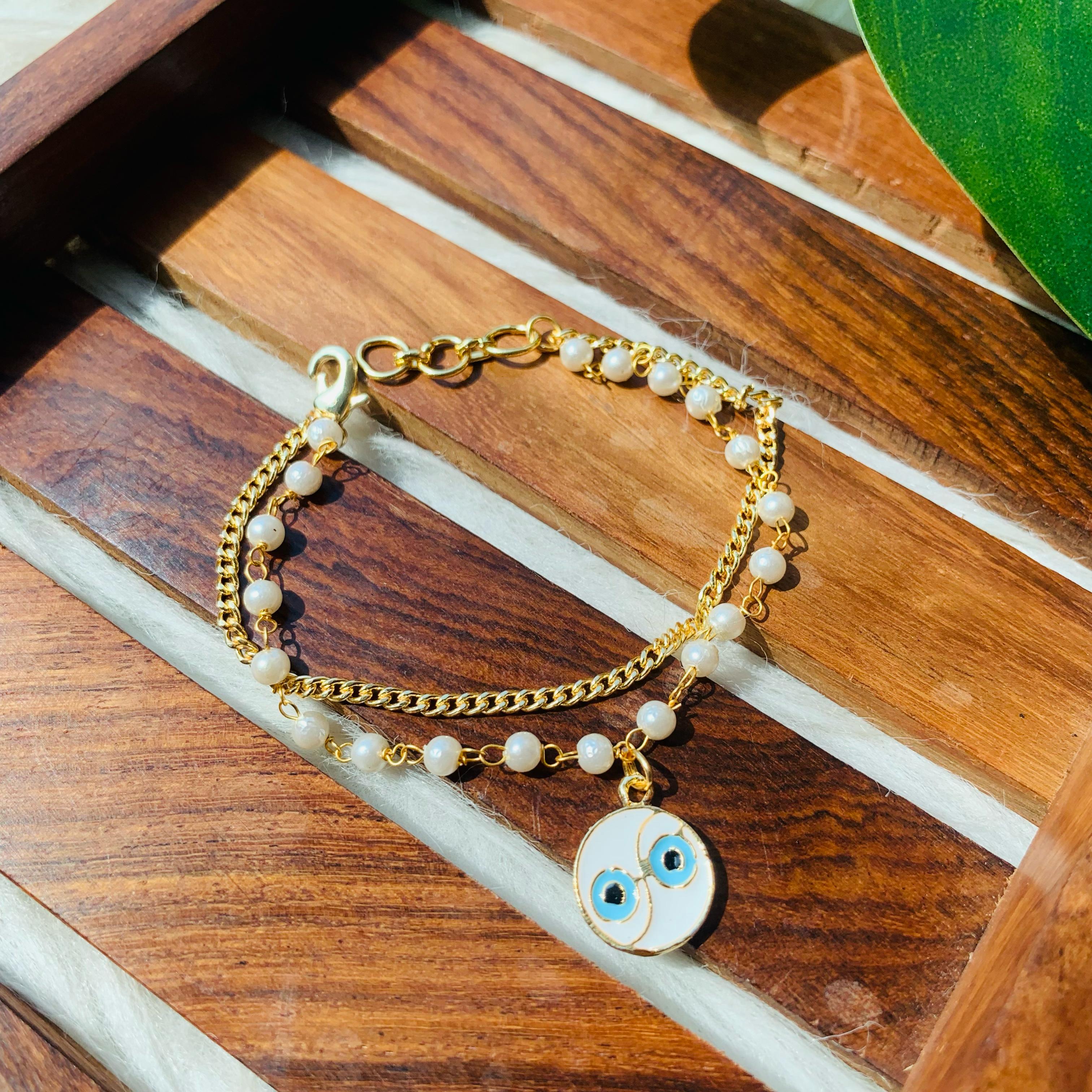 Dual Chain Evil Eye Charm Bracelet with Pearls