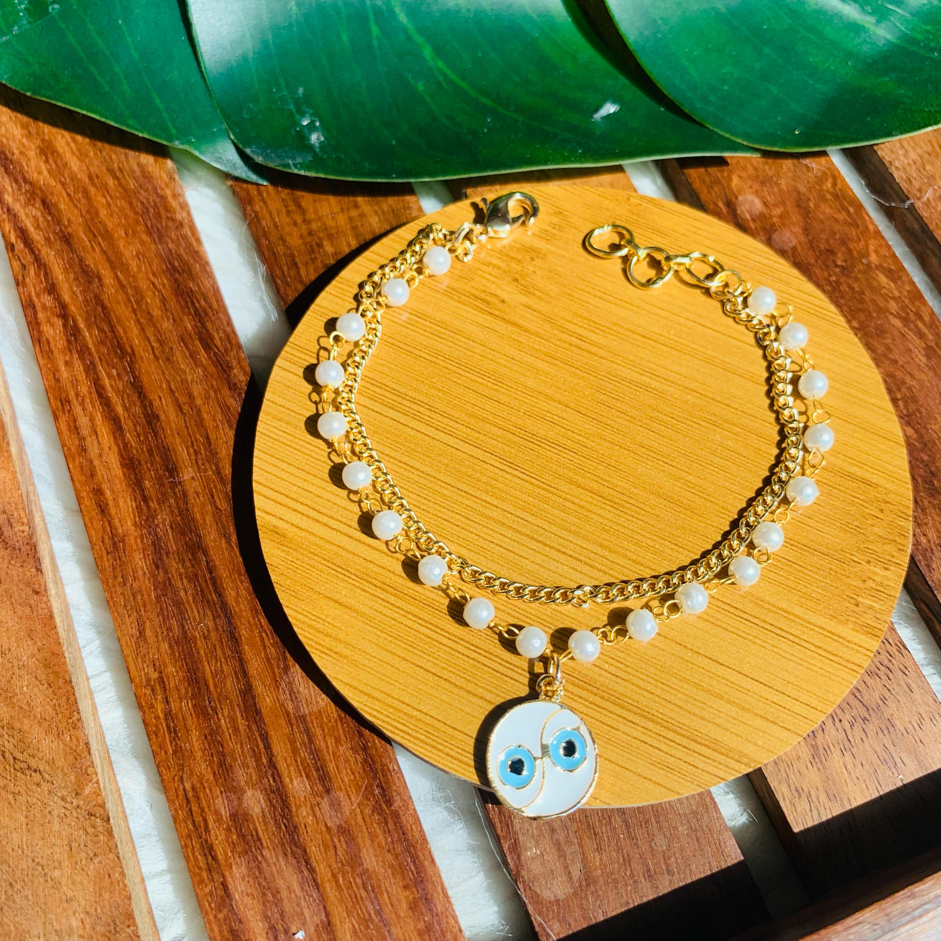 Dual Chain Evil Eye Charm Bracelet with Pearls