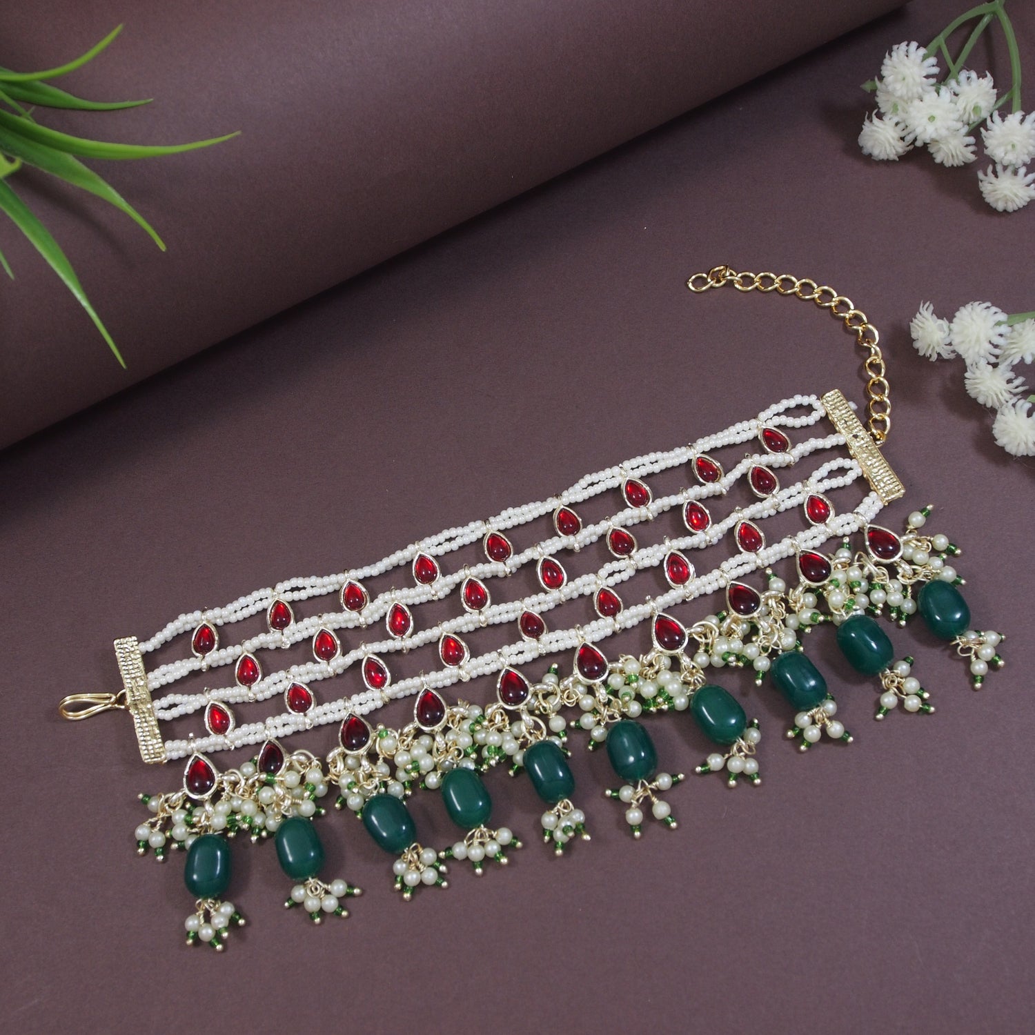 Traditional Beaded Bracelet with Red Stones, Green Beads & Pearl Detailing