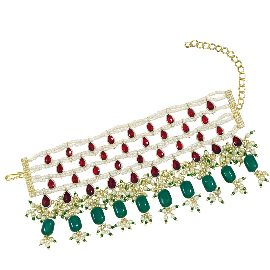 Traditional Beaded Bracelet with Red Stones, Green Beads & Pearl Detailing
