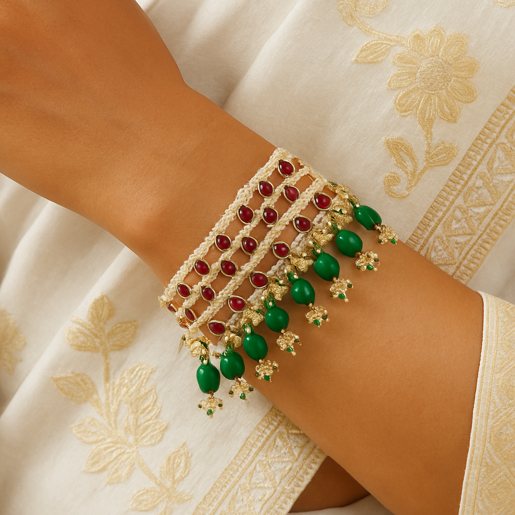 Traditional Beaded Bracelet with Red Stones, Green Beads & Pearl Detailing