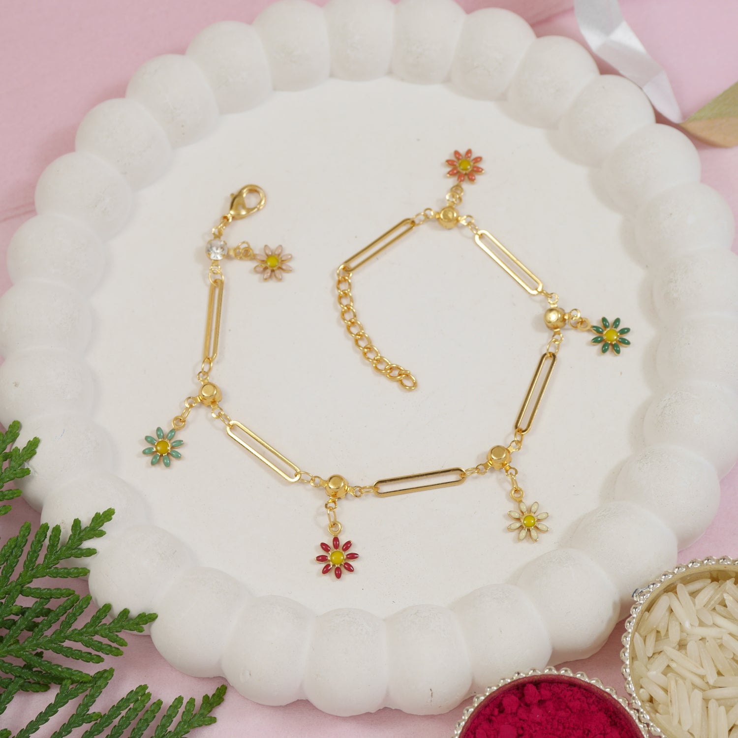 Trendy Bracelet with Hanging Enamel Flowers