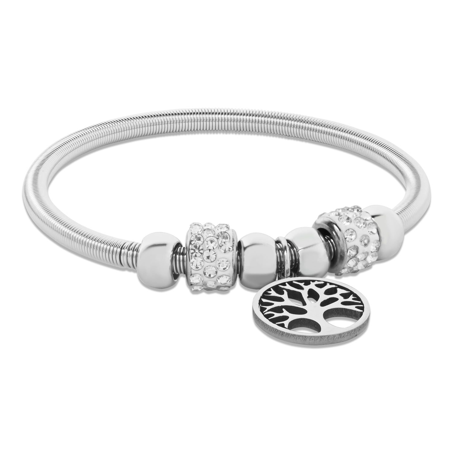 Spiritual Tree of Life Silver Bracelet with Rhinestone Beads
